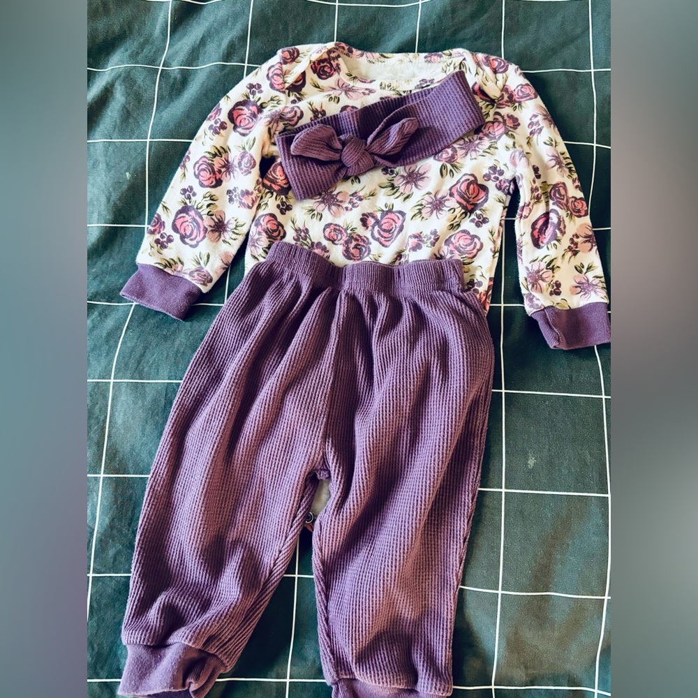 Baby girl set - pants, onesie, headband by Kyle & Deena in purple
